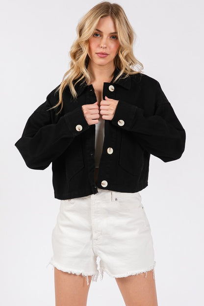 bytos Button Down Cropped Denim Jacket with Patch Pockets - Heritage Couture  