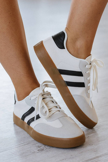 White Striped Lace Up Flat Sneakers - Heritage Couture  