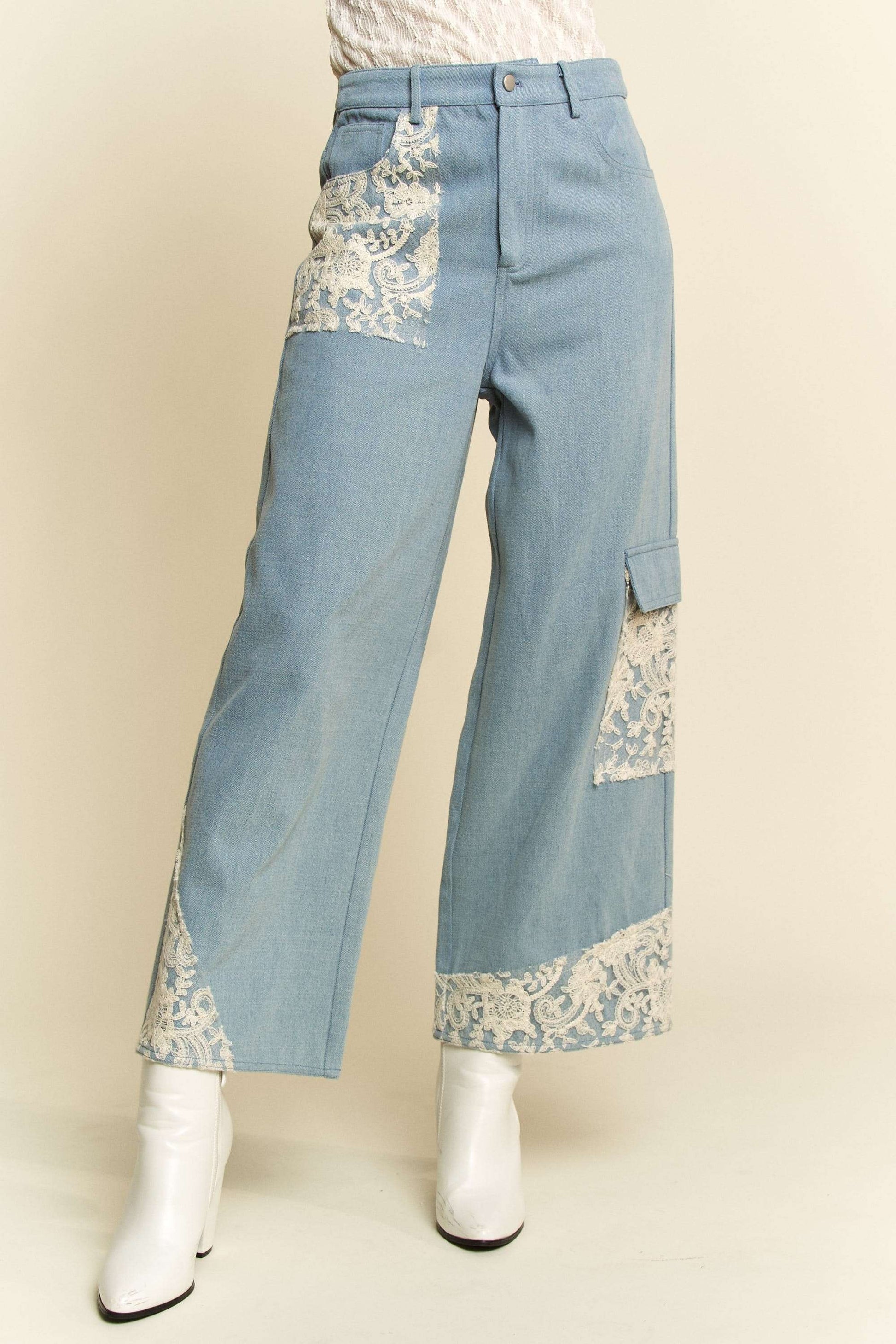 Davi & Dani Lace Applique Wide Leg Jeans - Heritage Couture  