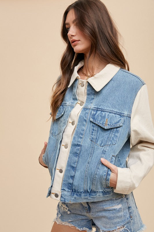 Annie Wear Collared Neck Double Placket Denim Jacket - Heritage Couture  