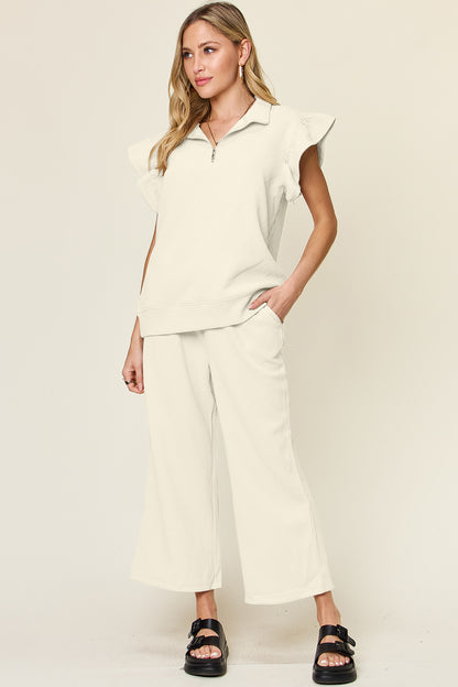 Double Take Texture Ruffle Short Sleeve Top and Drawstring Wide Leg Pants Set - Heritage Couture  