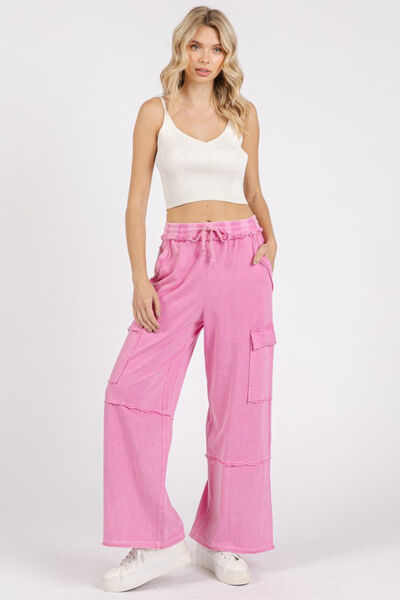 Mittoshop Mineral Wash Elastic Waist Cargo Wide Leg Pants - Heritage Couture  