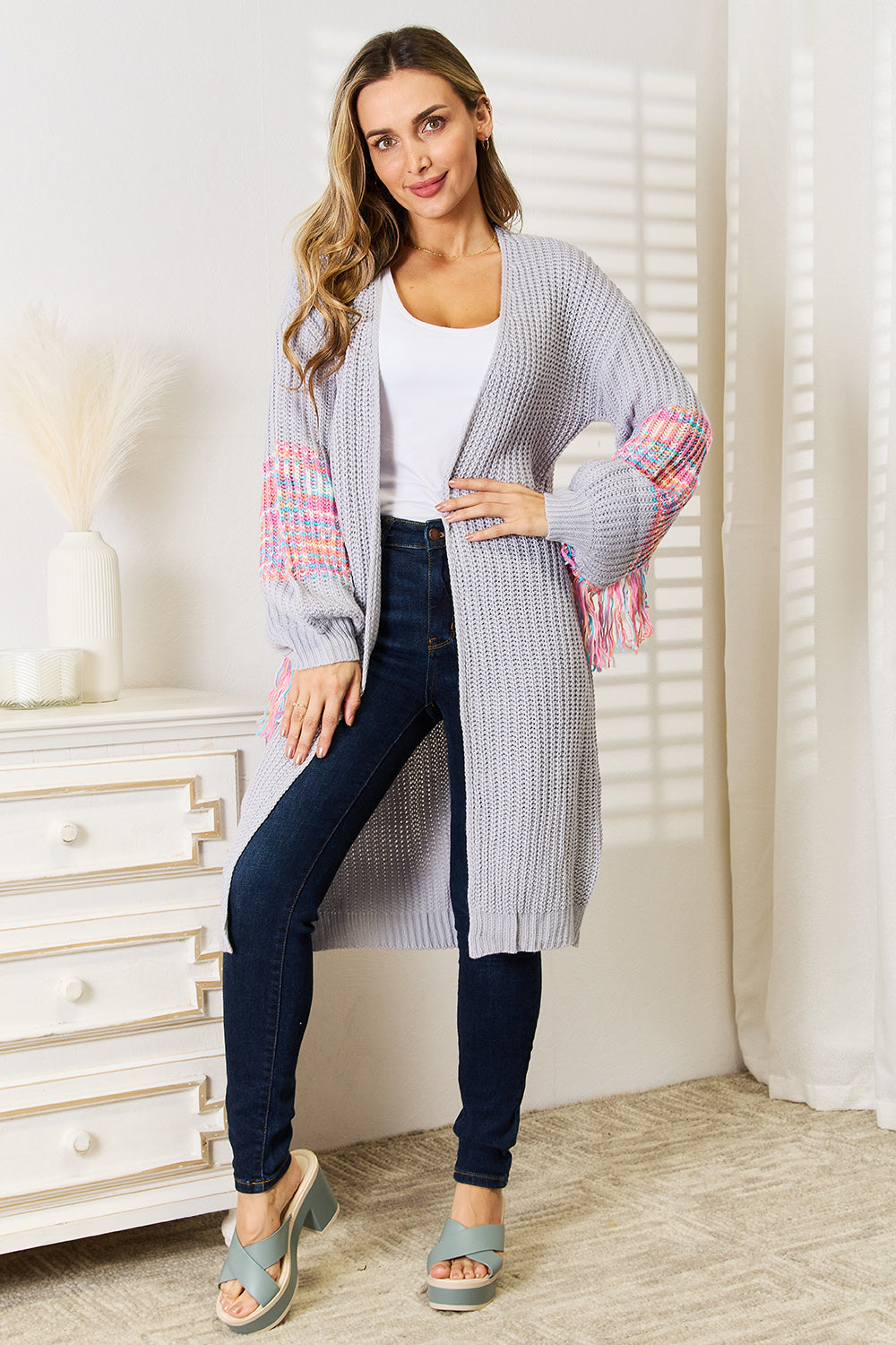 Woven Right Fringe Sleeve Dropped Shoulder Cardigan - Heritage Couture  