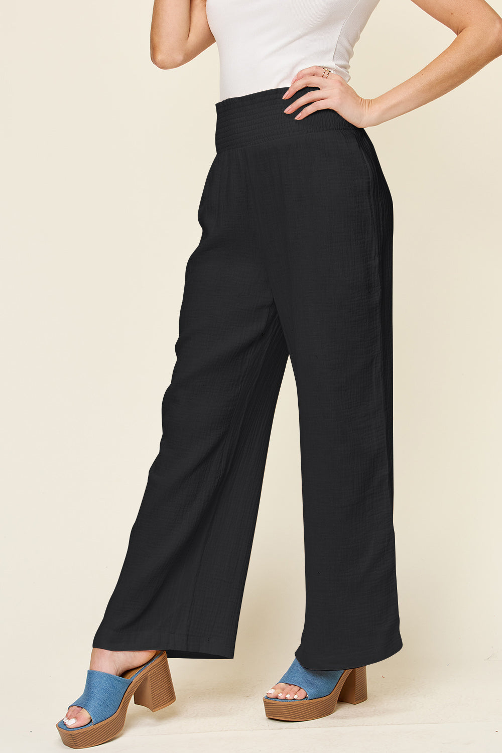 Double Take Full Size Texture Smocked Waist Wide Leg Pants - Heritage Couture  