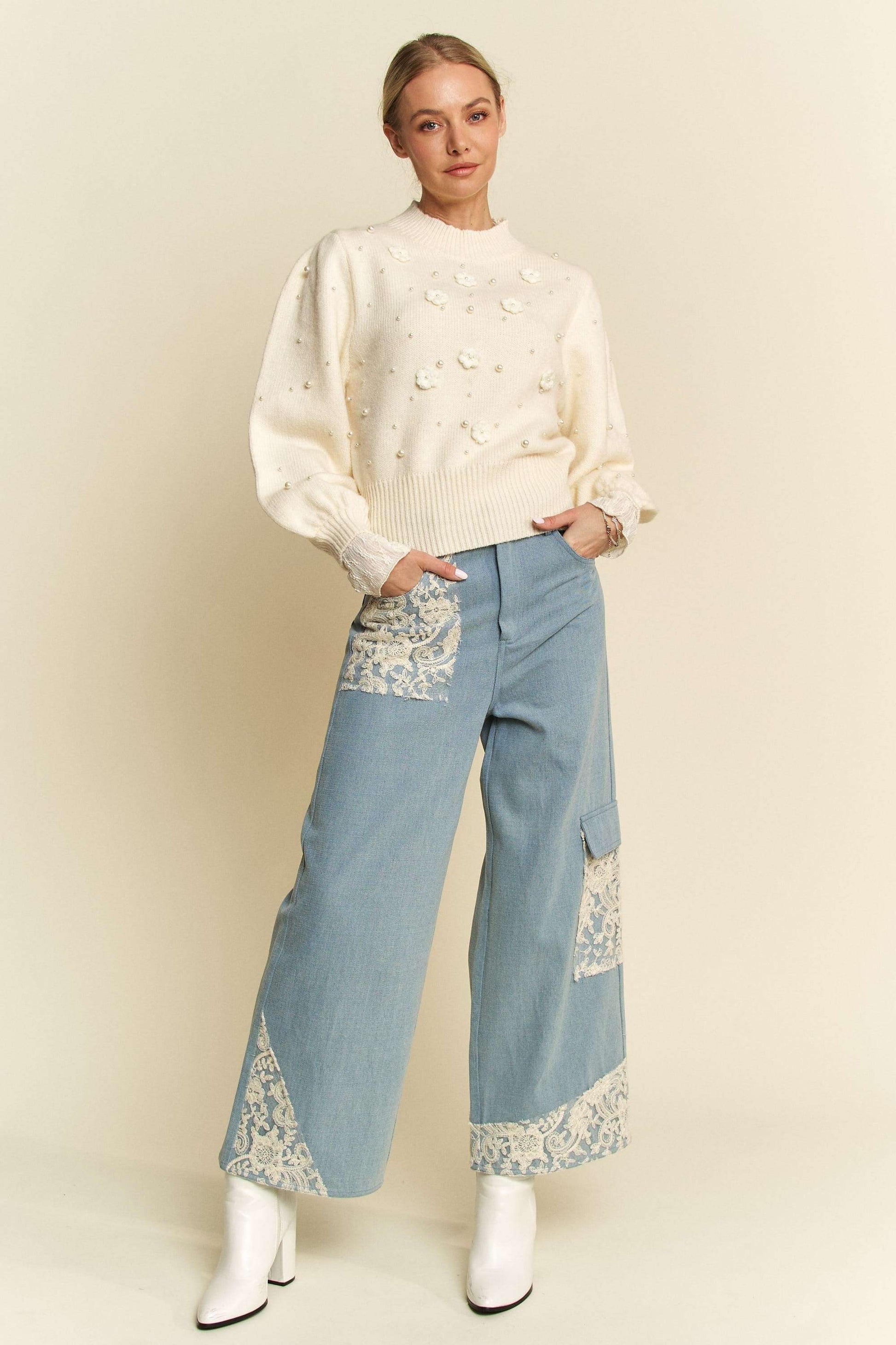 Davi & Dani Lace Applique Wide Leg Jeans - Heritage Couture  