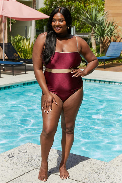 Marina West Swim Wave Break Contrast Trim One-Piece in Wine - Heritage Couture  