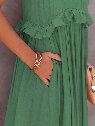 Ruffled Sleeveless Tiered Maxi Dress with Pockets - Heritage Couture  