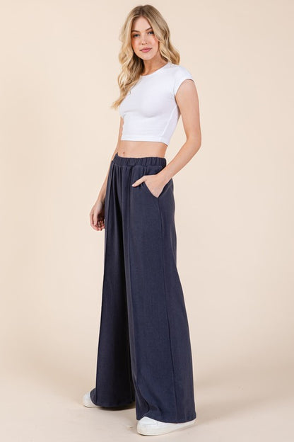 BOMBOM Elastic Waist Wide Leg Pants with Pockets - Heritage Couture  