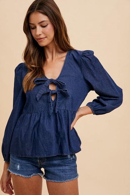 Annie Wear Tie Front Peplum Long Sleeve Denim Top - Heritage Couture  