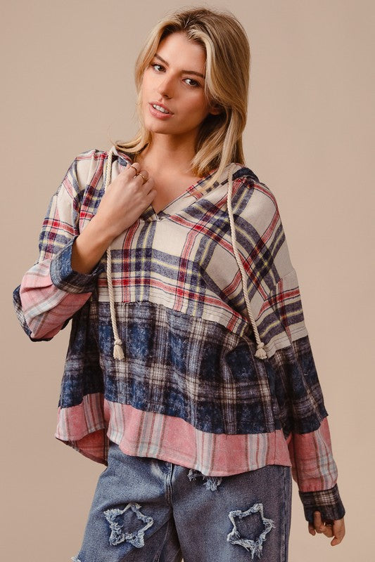 BiBi Drawstring Plaid Drop Shoulder Hoodie - Heritage Couture  