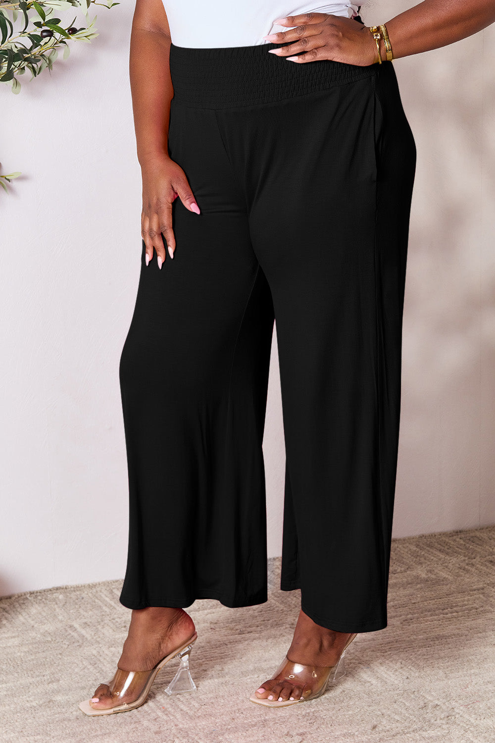 Basic Bae Full Size Smocked Wide Waistband Wide Leg Pants - Heritage Couture  