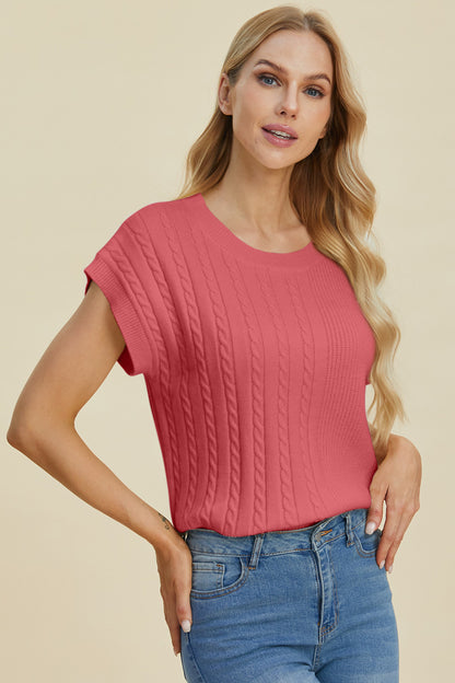 Double Take Full Size Cable-Knit Round Neck Short Sleeve Sweater - Heritage Couture  