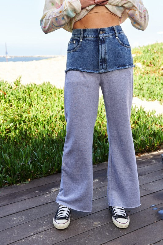 Davi & Dani Raw Hem Denim Patchwork Wide Leg Pants - Heritage Couture  