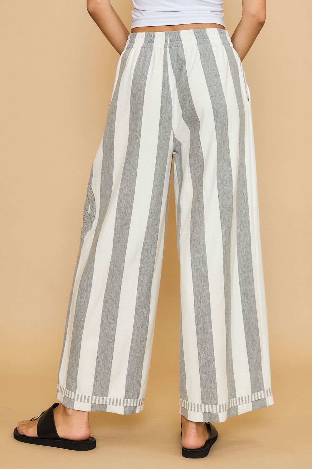 Umgee Peace Sign Patch Striped Wide Leg Pants - Heritage Couture  