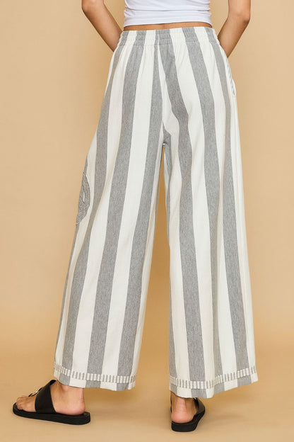 Umgee Peace Sign Patch Striped Wide Leg Pants - Heritage Couture  