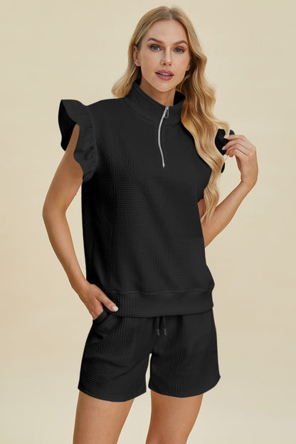 Double Take Full Size Texture Flounce Sleeve Top and Shorts Set - Heritage Couture  