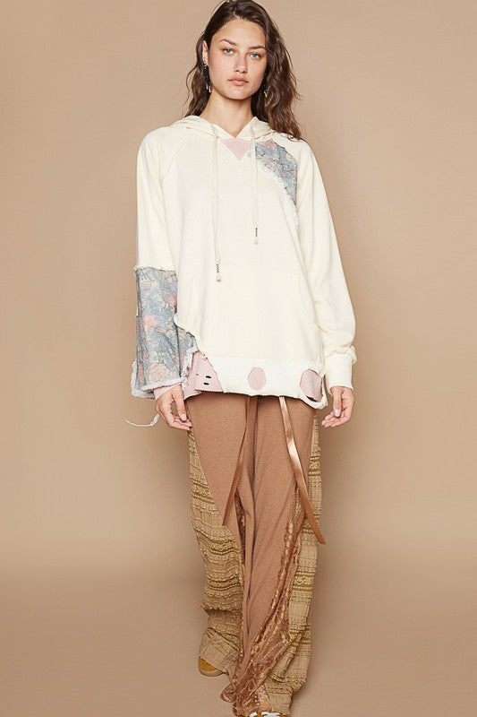 POL Floral Patchwork Distressed Drawstring Hoodie - Heritage Couture  