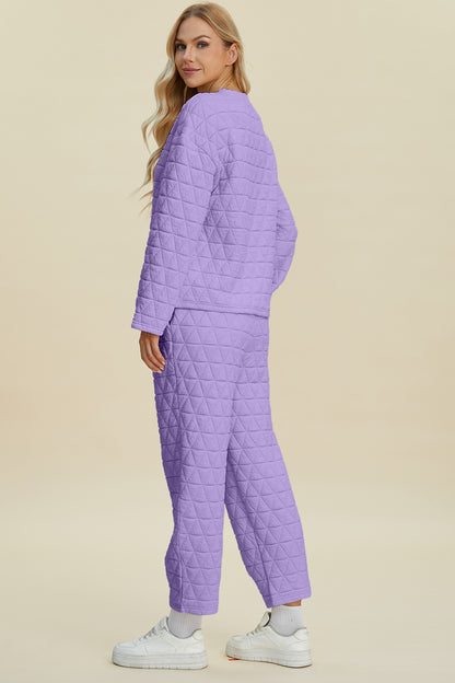 Double Take Full Size Texture Round Neck Long Sleeve Top and Pants Set - Heritage Couture  