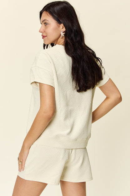 Double Take Full Size Texture Short Sleeve T-Shirt and Drawstring Shorts Set - Heritage Couture  