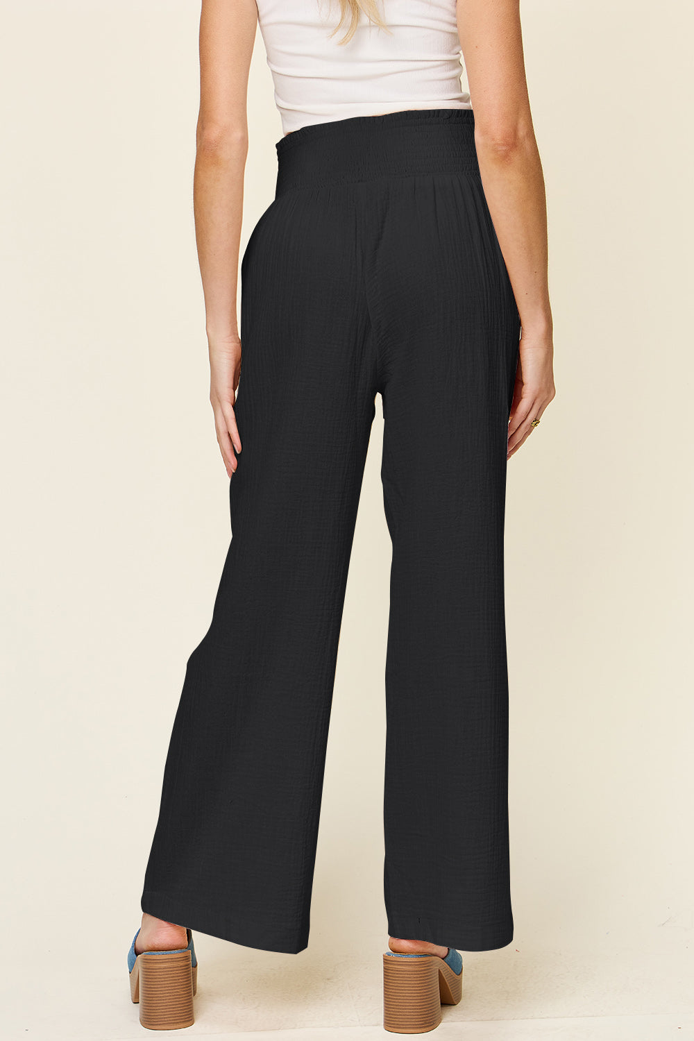 Double Take Full Size Texture Smocked Waist Wide Leg Pants - Heritage Couture  