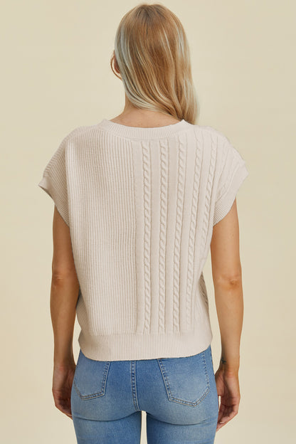 Double Take Full Size Cable-Knit Round Neck Short Sleeve Sweater - Heritage Couture  