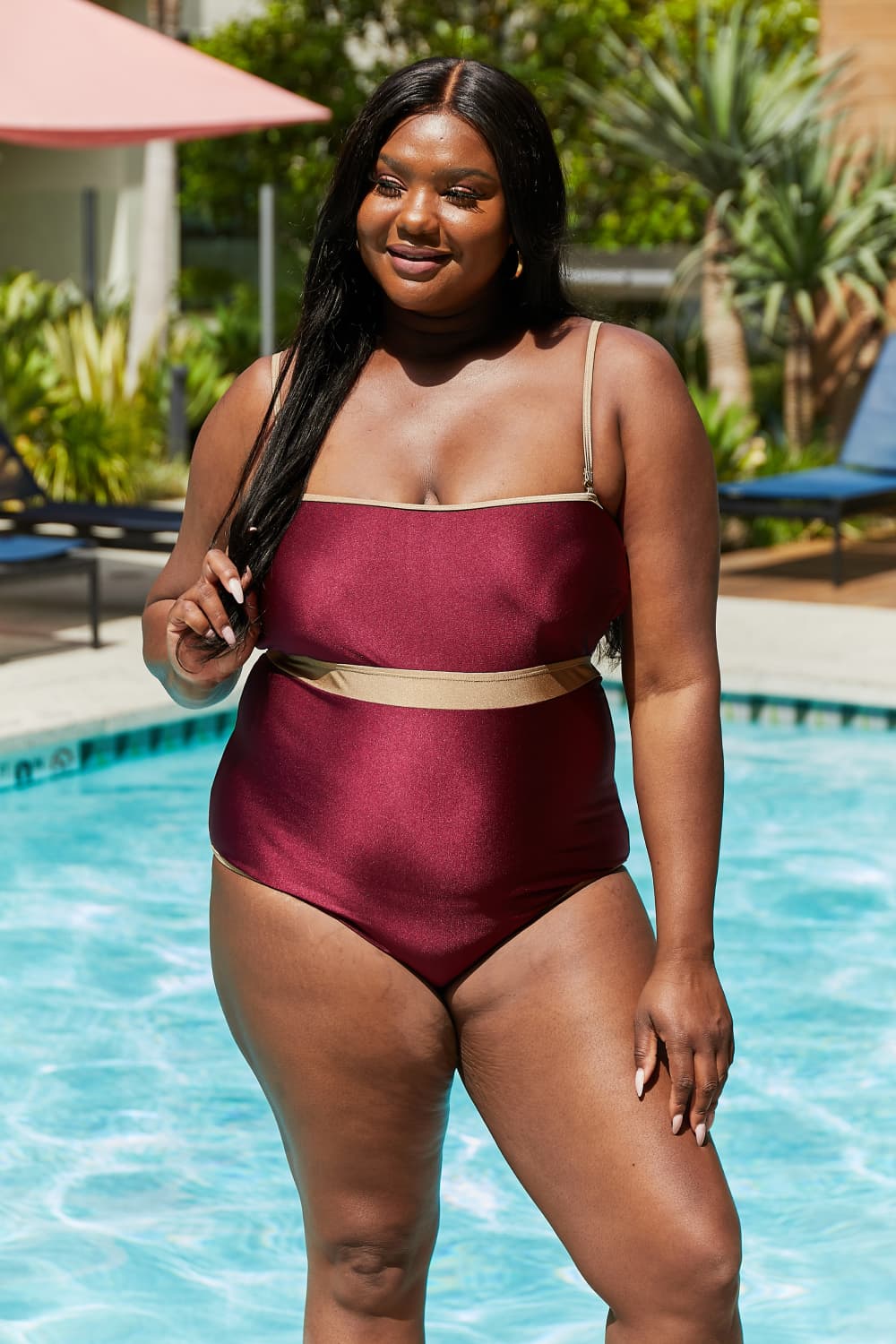 Marina West Swim Wave Break Contrast Trim One-Piece in Wine - Heritage Couture  