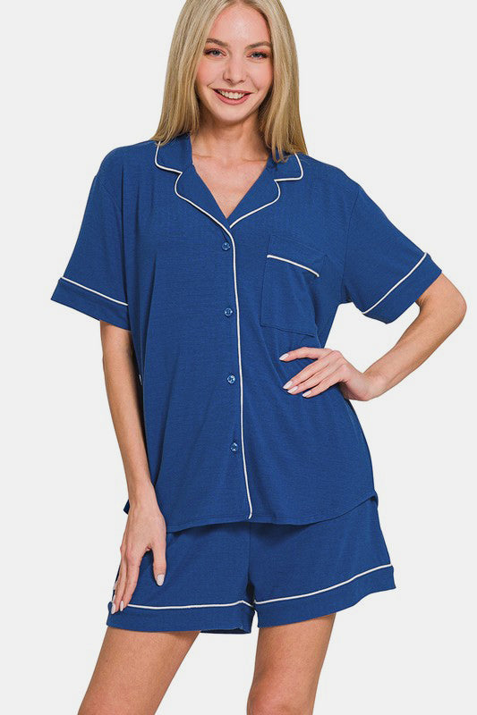 Zenana Button Down Short Sleeve Top and Shorts Lounge Set - Heritage Couture  