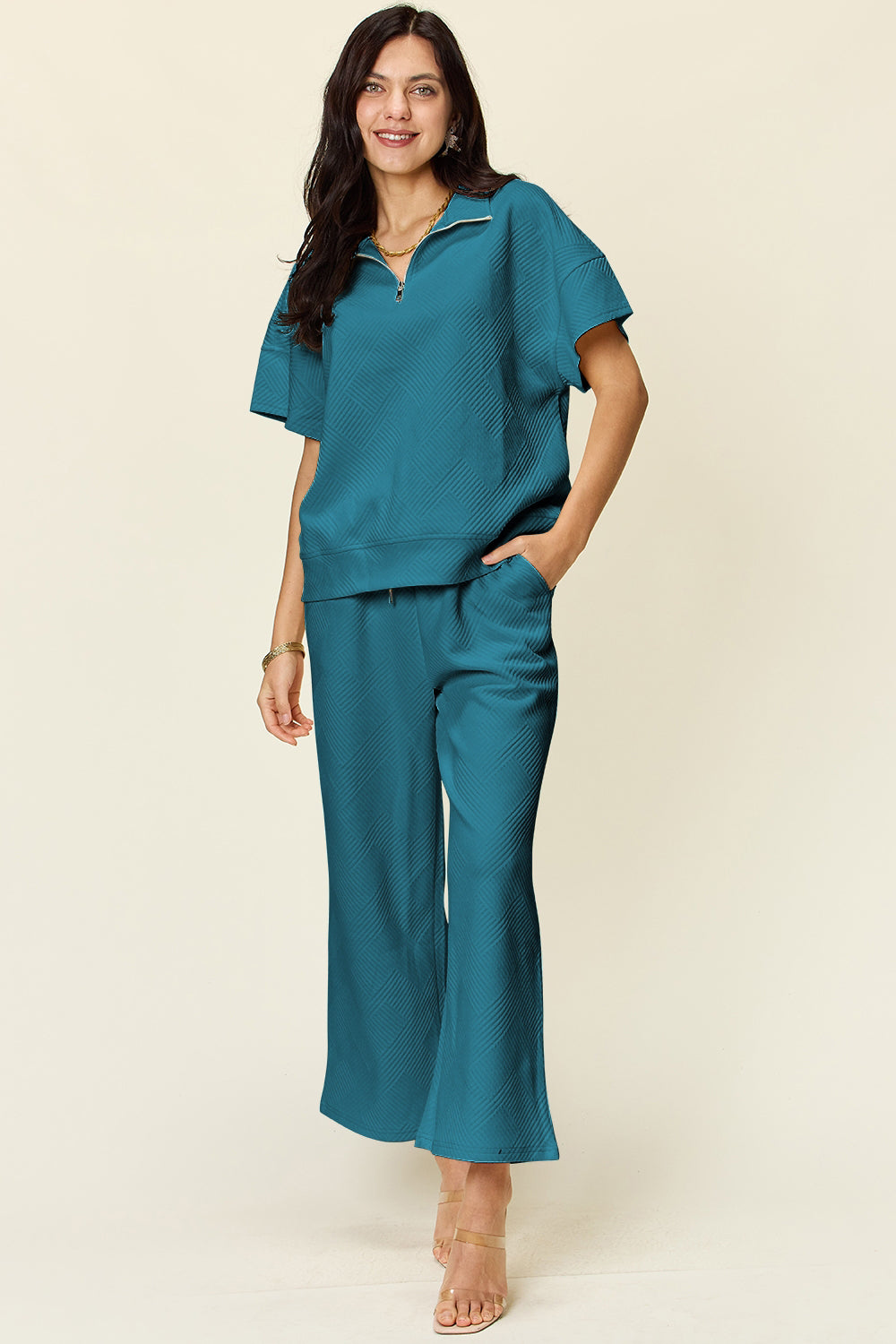Double Take Full Size Texture Half Zip Short Sleeve Top and Pants Set - Heritage Couture  
