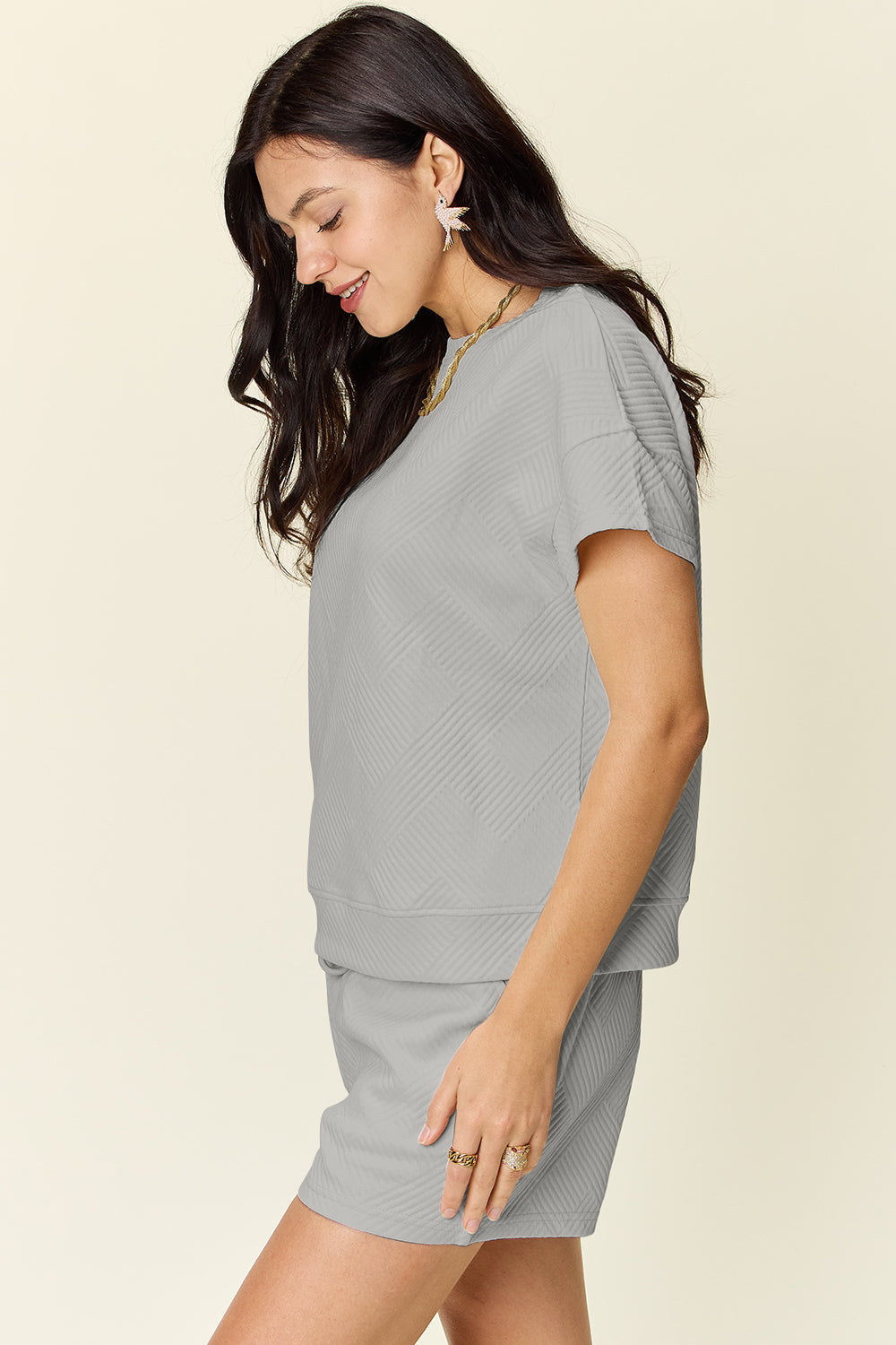 Double Take Full Size Texture Short Sleeve T-Shirt and Drawstring Shorts Set - Heritage Couture  