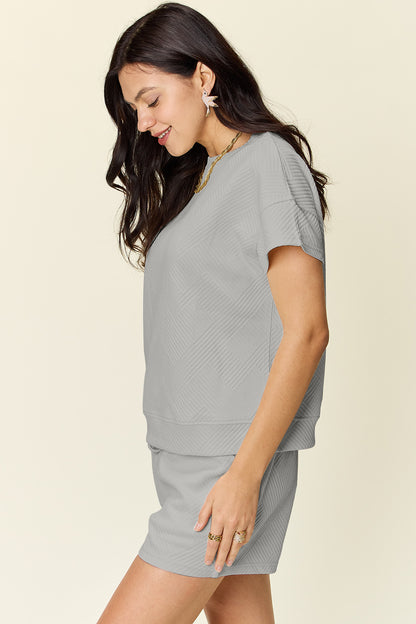 Double Take Full Size Texture Short Sleeve T-Shirt and Drawstring Shorts Set - Heritage Couture  
