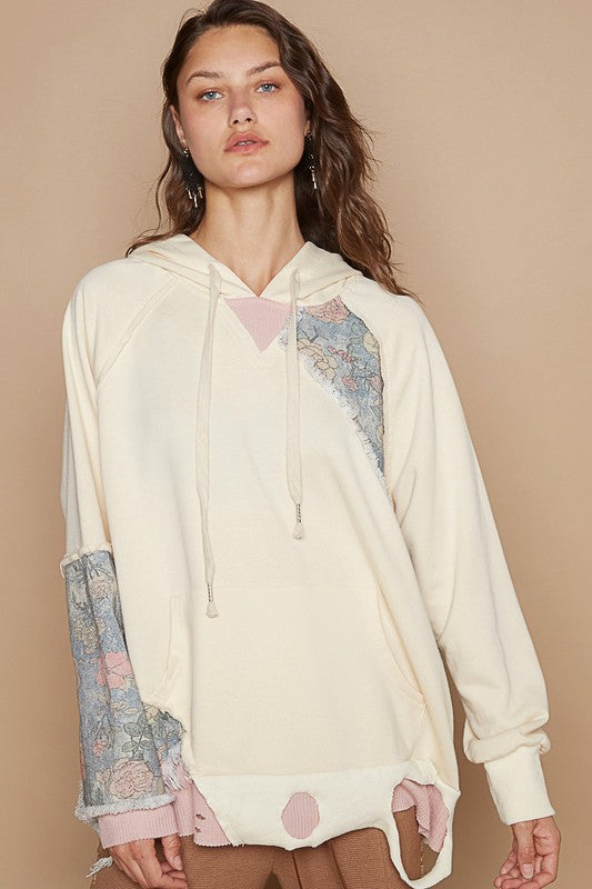 POL Floral Patchwork Distressed Drawstring Hoodie - Heritage Couture  