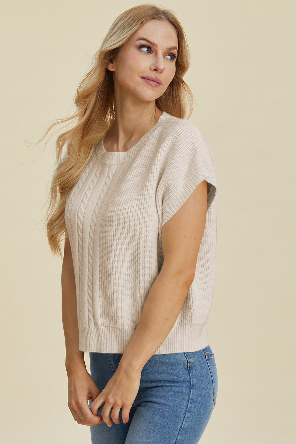 Double Take Full Size Cable-Knit Round Neck Short Sleeve Sweater - Heritage Couture  