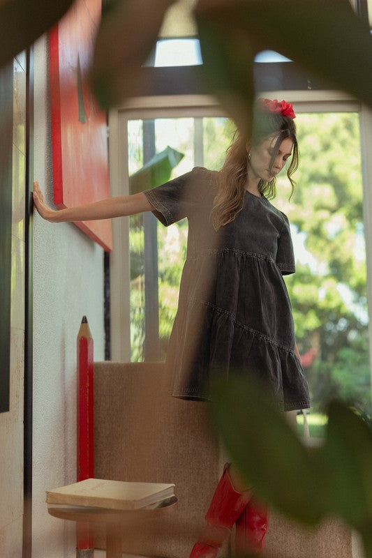 Annie Wear Mineral Washed Round Neck Short Sleeve Denim Dress - Heritage Couture  