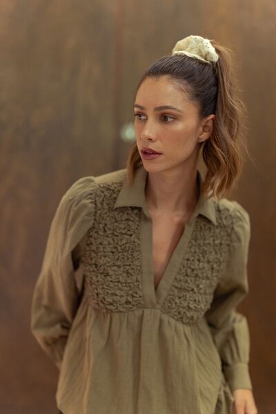 Annie Wear Smocked Front Long Sleeve Babydoll Blouse - Heritage Couture  