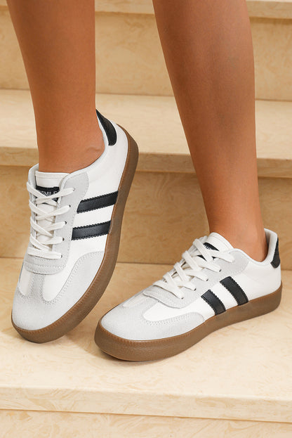 White Striped Lace Up Flat Sneakers - Heritage Couture  