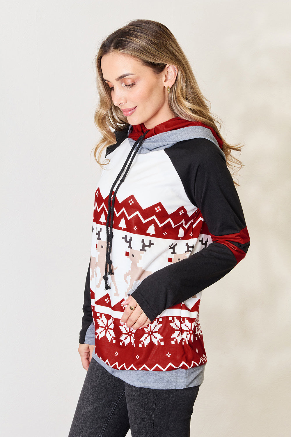 Double Take Full Size Christmas Drawstring Long Sleeve Hoodie - Heritage Couture  