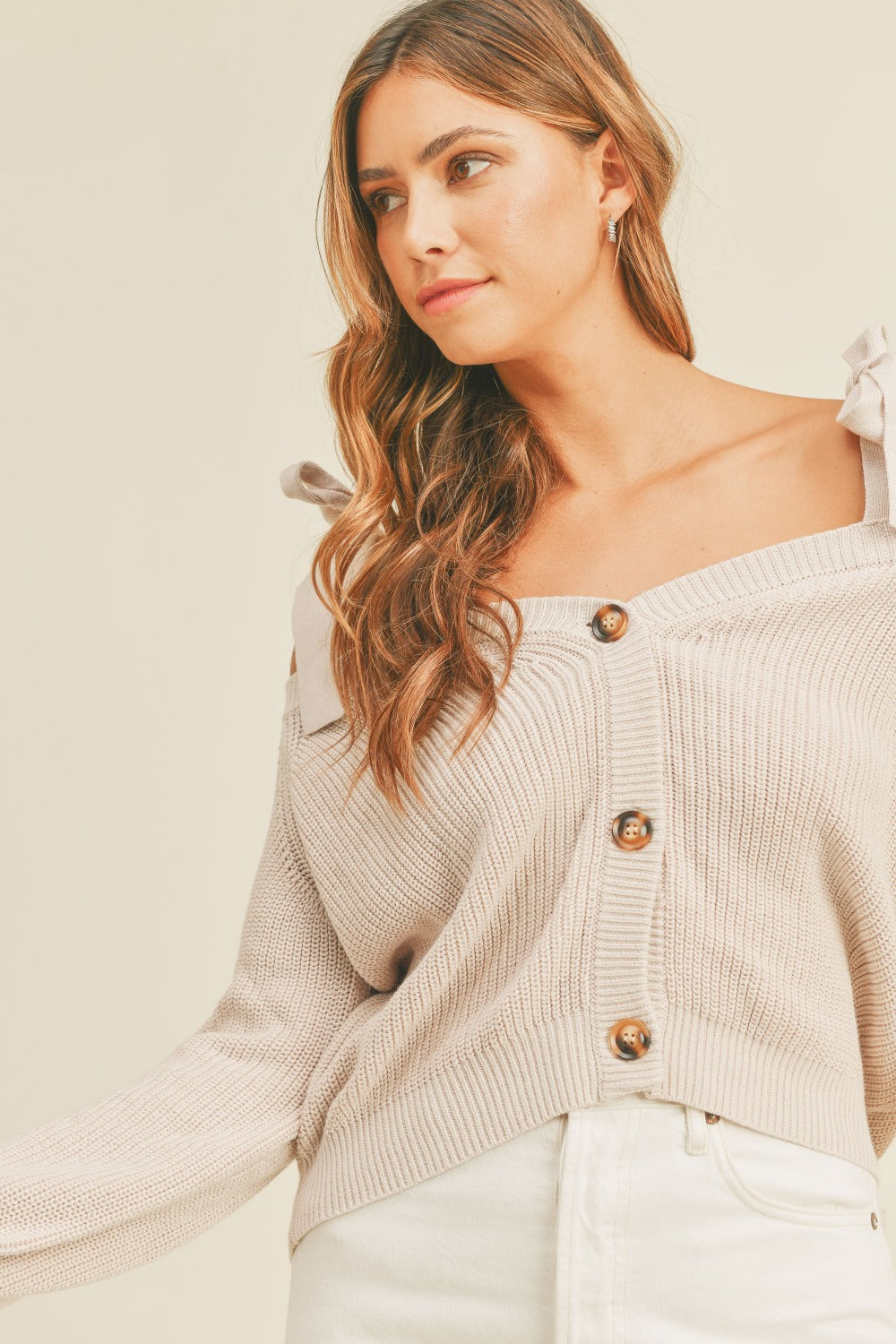 MABLE Off Shoulder Self Tie Strap Button Down Sweater - Heritage Couture  