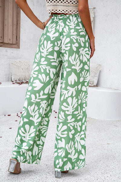 Devine Smocked Printed Wide Leg Pants with Pockets - Heritage Couture  