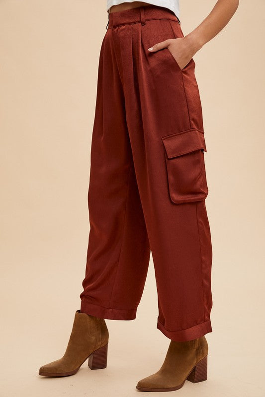 Annie Wear Wide Leg Cargo Satin Pants - Heritage Couture  