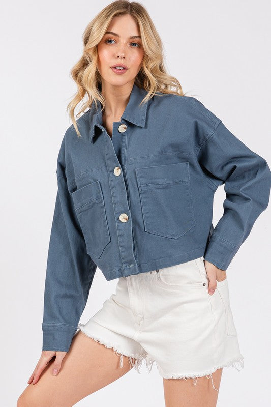bytos Button Down Cropped Denim Jacket with Patch Pockets - Heritage Couture  