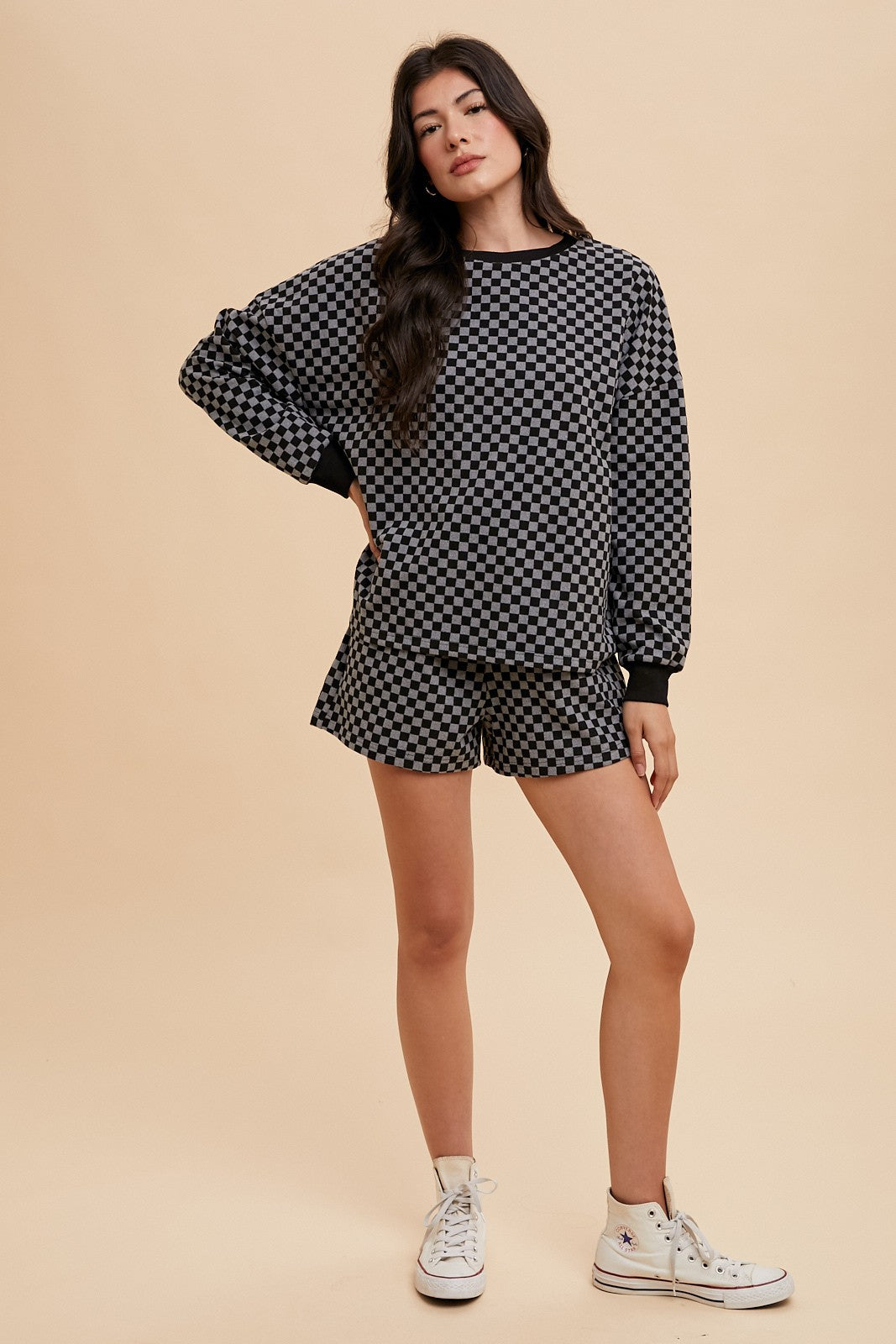 Annie Wear Checkered Round Neck Top and Drawstring Shorts Set - Heritage Couture  