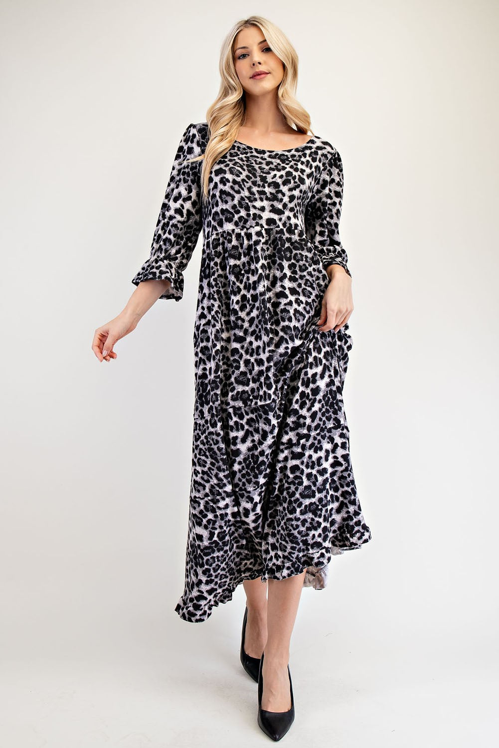 Celeste Full Size Leopard Round Neck Flounce Sleeve Dress - Heritage Couture  