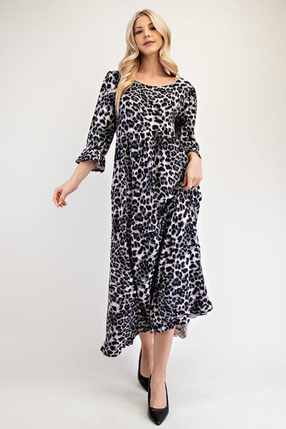 Celeste Full Size Leopard Round Neck Flounce Sleeve Dress - Heritage Couture  
