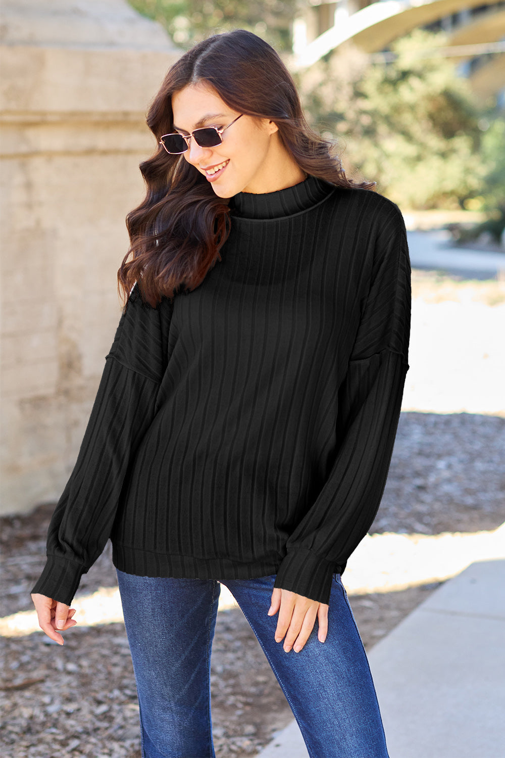 Basic Bae Full Size Ribbed Exposed Seam Mock Neck Knit Top - Heritage Couture  