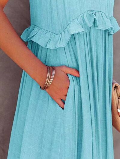 Ruffled Sleeveless Tiered Maxi Dress with Pockets - Heritage Couture  