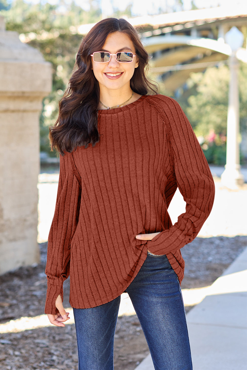 Basic Bae Full Size Ribbed Round Neck Long Sleeve Knit Top - Heritage Couture  