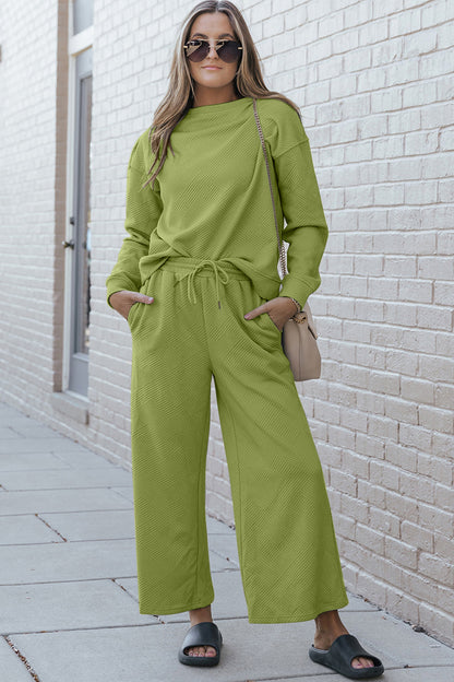 Double Take Full Size Textured Long Sleeve Top and Drawstring Pants Set - Heritage Couture  