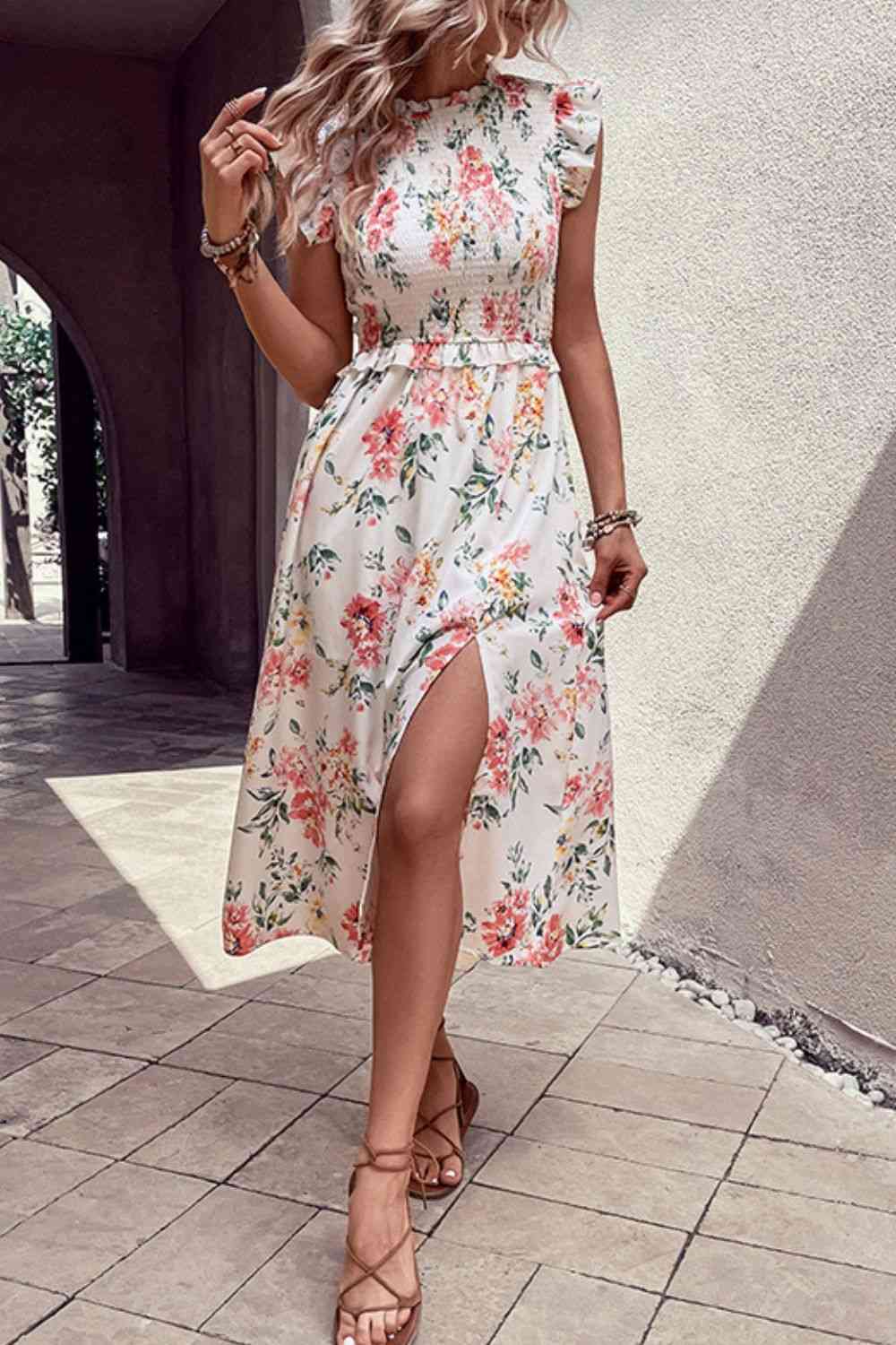 Perfee Floral Smocked Butterfly Sleeve Slit Dress - Heritage Couture  
