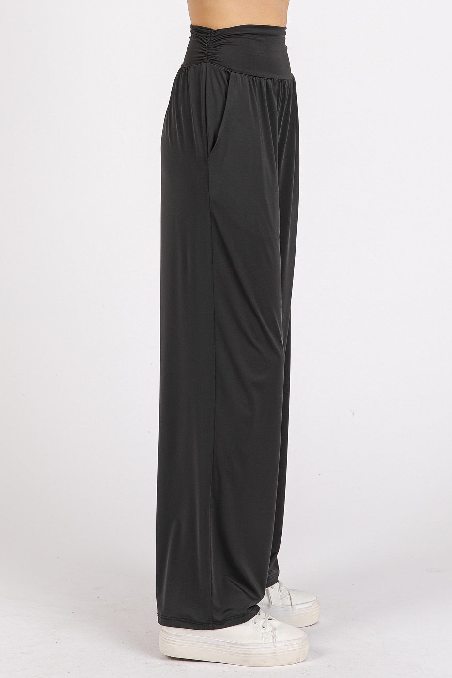 Mittoshop Stretch Banded Waist Wide Leg Pants with Pockets - Heritage Couture  