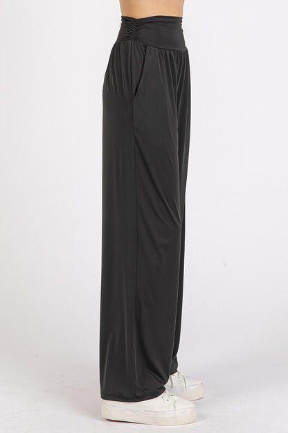 Mittoshop Stretch Banded Waist Wide Leg Pants with Pockets - Heritage Couture  